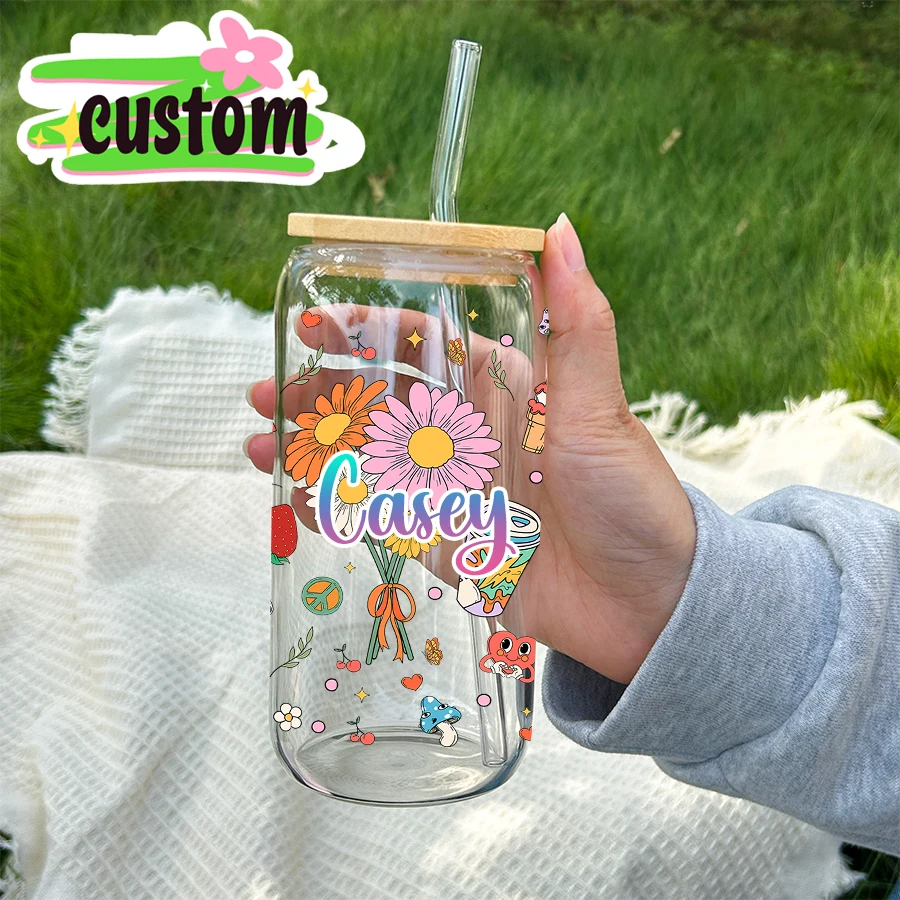 1pc Customized daisy flower strawberry Printed 16oz Glass Cup with Bamboo Lid&straw Drinkware Gifts for Birthday Back-to-School - view 5
