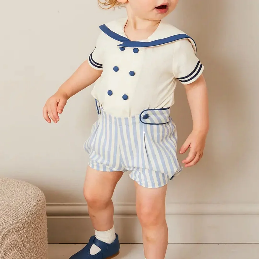 

Summer Baby Boy 2pcs Sets Stripe Sailor Collar High Quality Cotton Two Piece Set Child Short Sleeves New Clothes With Shorts