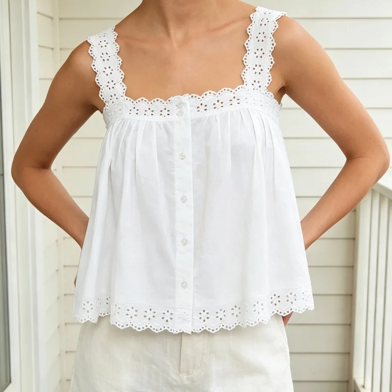 Summer Women Eyelet Lace Tank Tops Sleeveless Flowy Ruffle Vest  Boho Button Down Shirt Crop Top Streetwear