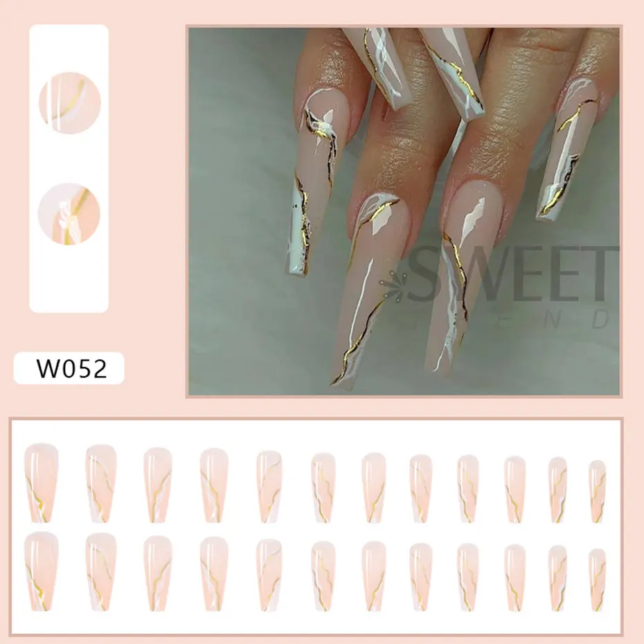 24pcs/box Fake Nails Press on Long Reusable Set Marble Gold Lines Artificial Kawaii False Tipsy Stick-on Nails Tips Art KEW052