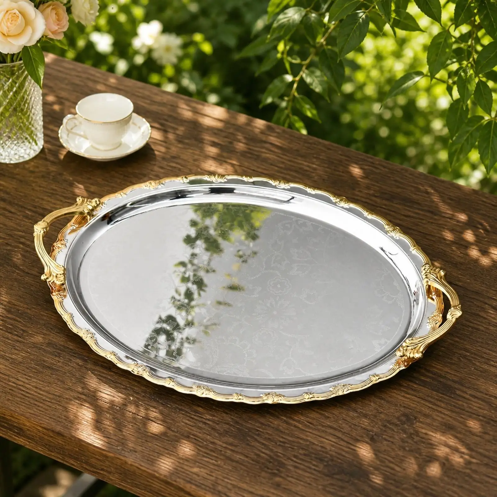 Gold Trim Oval Serving Tray for Formal Dinner Parties Afternoon Tea and Special Occasion Use