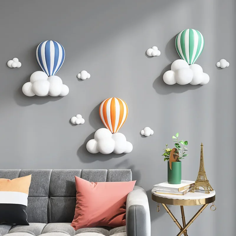 3D Hot Air Balloon Statue Home Wall Decoration White Cloud Resin Sculpture Living Room Bedroom Interior Wall Hanging Decor