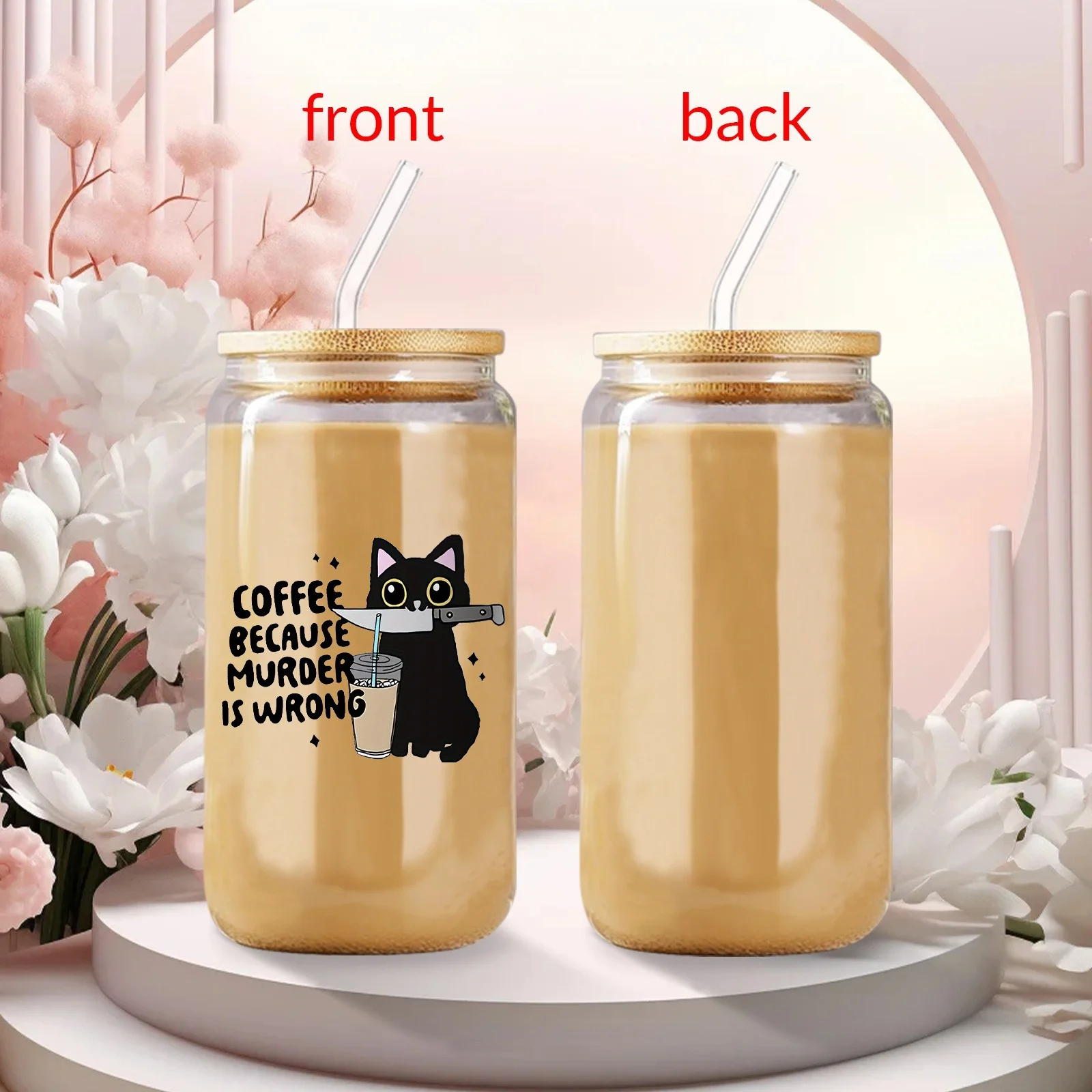 13.5oz/18.6oz Cat Glass Cups with Straws and Bamboo Lids Kitten Letter Beverage Pattern for Kitchen Home Decor Cat Lovers Gifts