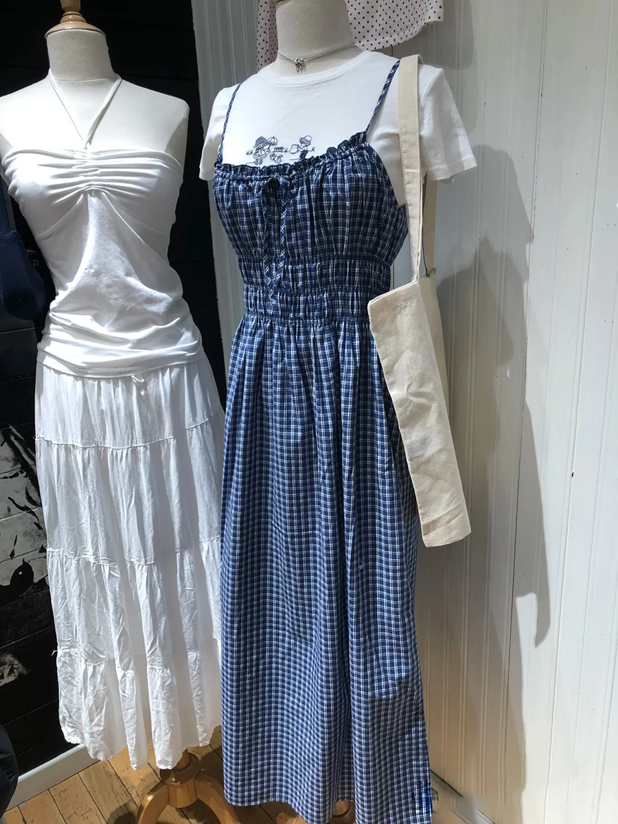 Nuovo Blu Plaid Maxi Vestito Donna Estate Elastico in Vita di Cotone Lace-up Pieghe Senza Maniche Abiti Retro Carino Lungo Camis Abiti Y2k