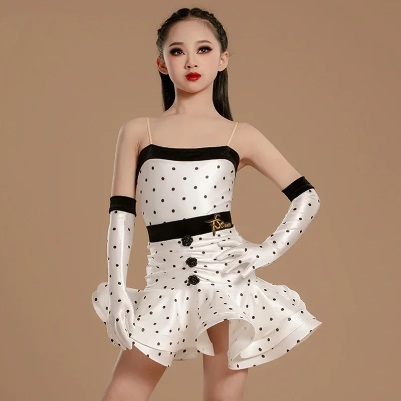 Vestido de ponto branco luvas terno desempenho traje cha cha vestido de dança latina vestido de competição meninas roupas de dança latina