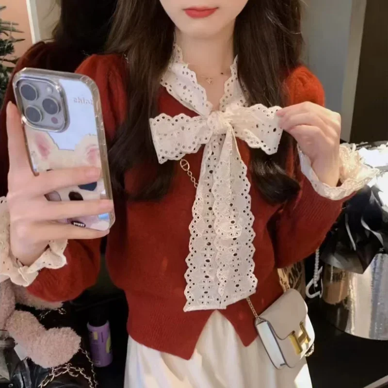 Suéter de encaje dulce para Mujer, abrigo con lazo, ropa de Mujer, suéter de punto liso con cuello redondo, abrigo Vintage coreano para Mujer