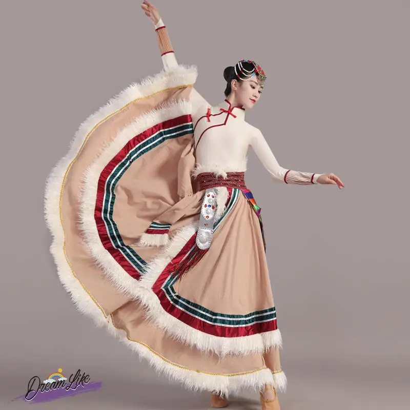 

Новый этнический тибетский танцевальный костюм с пышной юбкой, сценический костюм для выступлений, монгольский национальный костюм для женщин, традиционная одежда для сценических выступлений