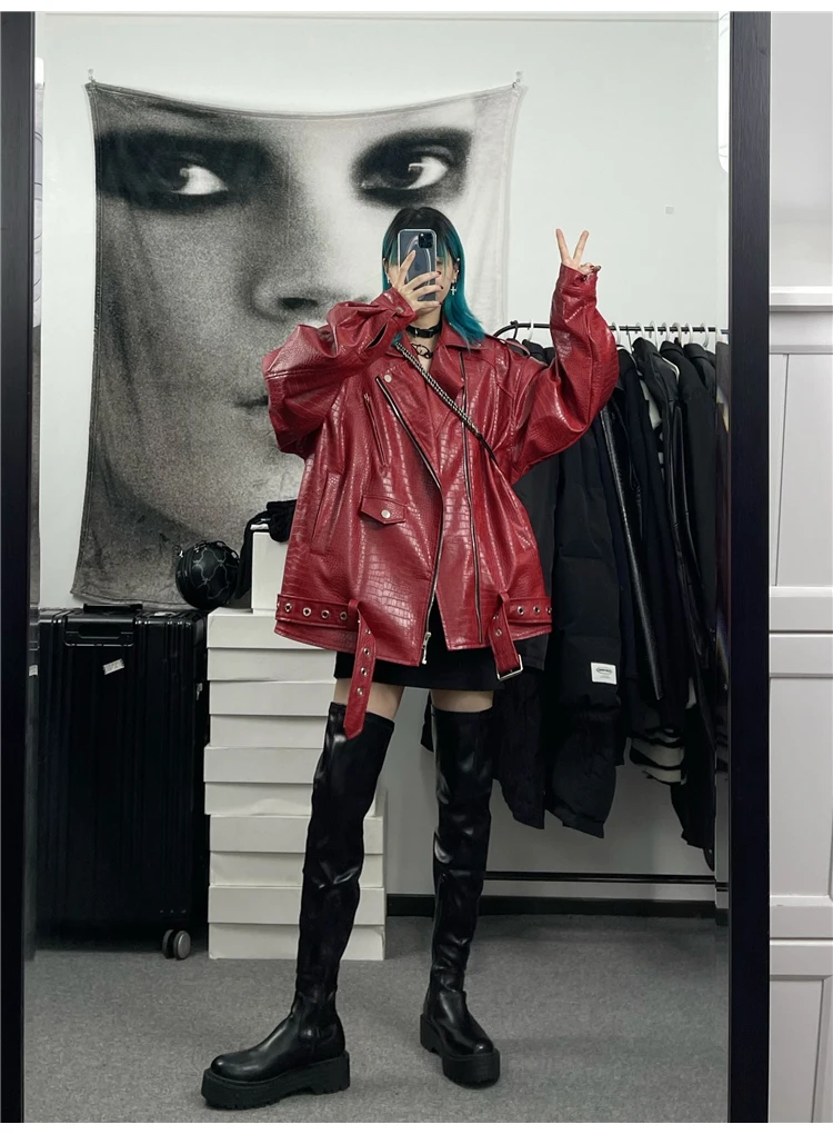 Lautaro Spring Autumn Oversized Red Shiny Crocodile Pattern Leather Biker Jacket Women Long Sleeve Zipper Belt Cool Fashion 2022