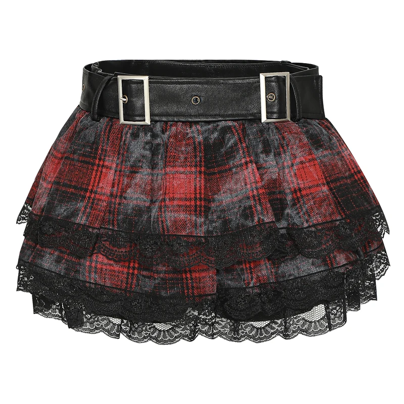 Cuwu Y2K 밀레니엄 펑크 검정과 빨강 격자 무늬 a 라인 미니 스커트 여성용 여름 스트리트 스타일 레이스 하프 길이 스커트