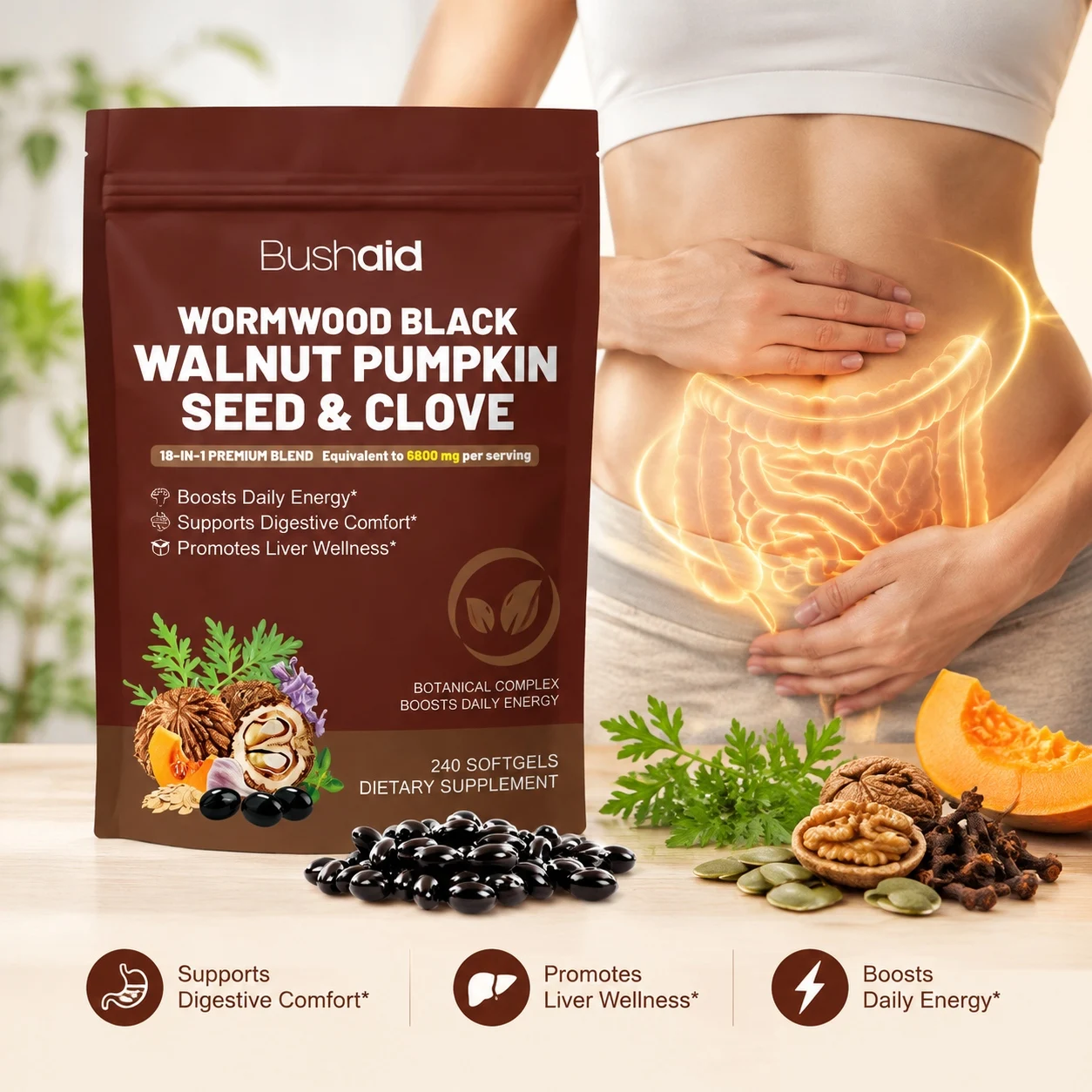 Wormwood Black Walnut Pumpkin Seed & Clove Softgels Improve Digestion Relieve Bloating Liver Wellness Boost Energy 240 Softgels