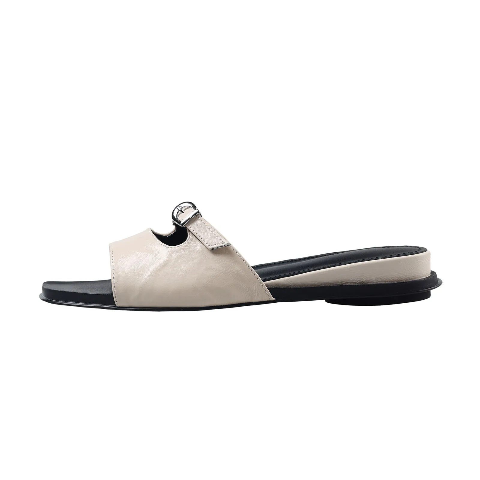 Arden Furtado Summer White Genuine Leather Slippers Leisure Comfortable Concise Square Toe Belt Buckle Flat Slippers