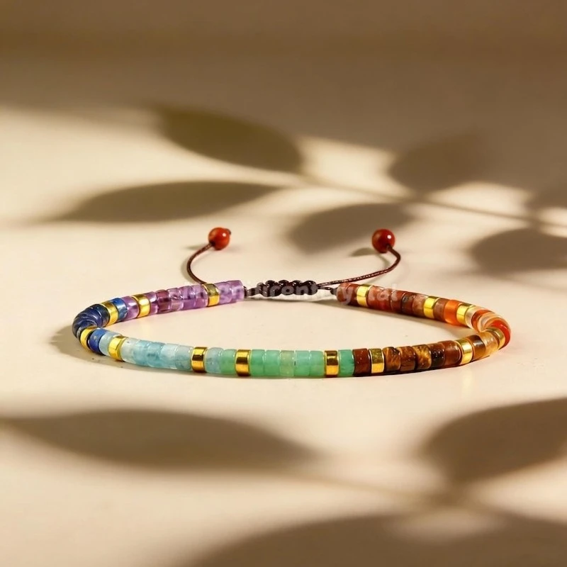 Handmade Dainty 7Chakra Energy Balance Rainbow Crystal Beaded Abundance Bracelet