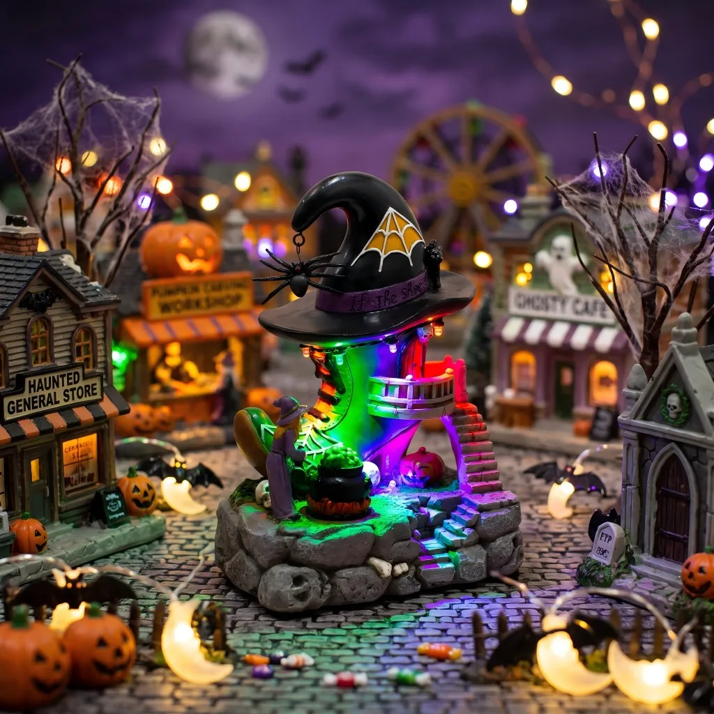 Halloween Village Witch Shoe House LED Light Up Pumpkin Spooky
