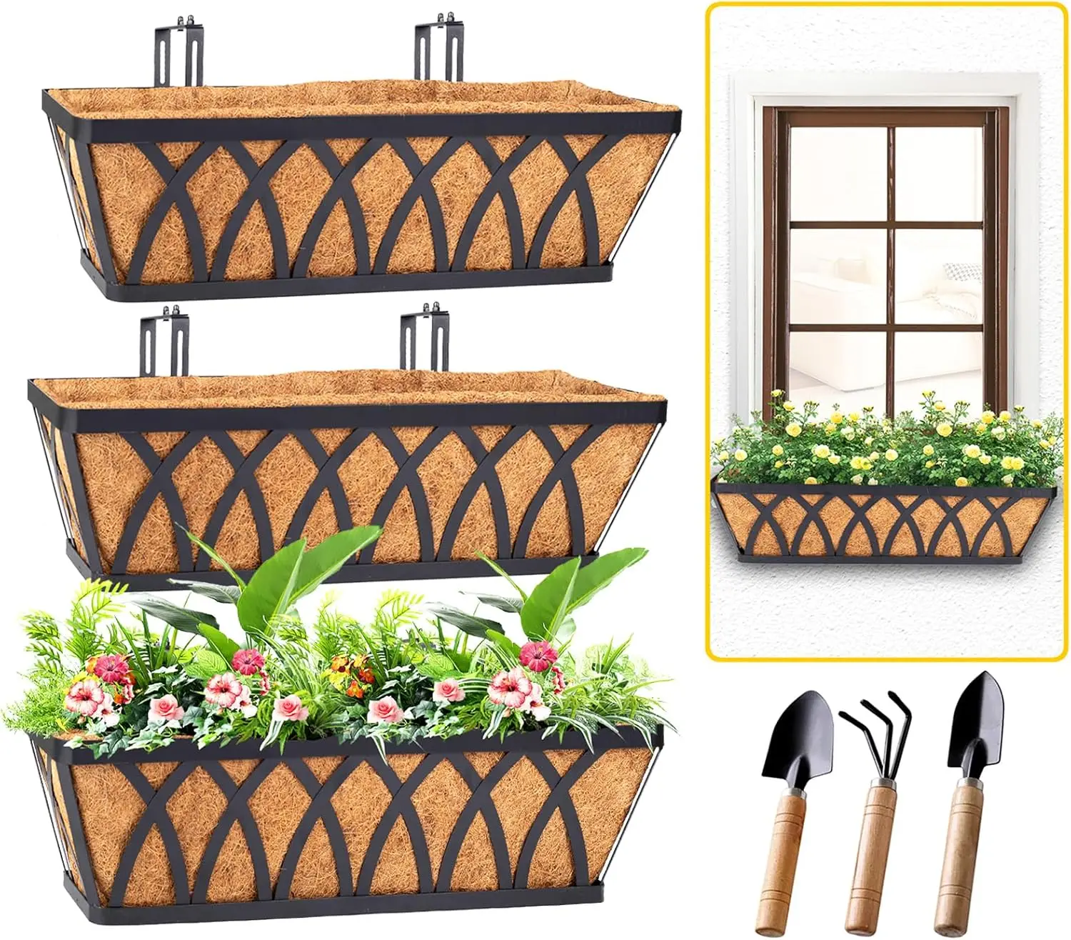 

Набор из 3-х 24-дюймовых подвесных кашпо для балконных перил, подвесные кашпо для окон, для декора уличных ограждений