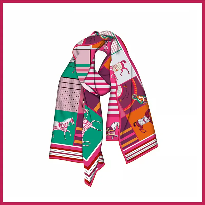 POBING Twill Silk Scarf Women Poncho Hand Rolled Horse Printed Long Scarves Wraps Bandana Big Shawl Hijabs Female Foulards