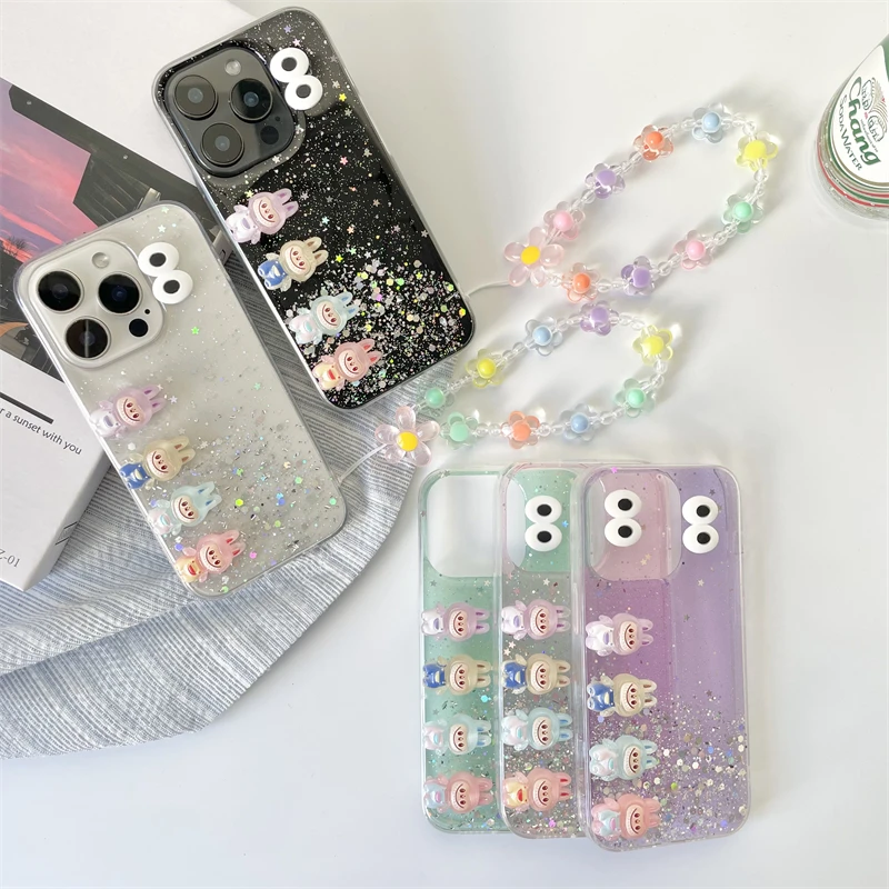 3D Labubu Glitter Telefon Kılıfı Samsung Galaxy Not 20 Ultra 10 Artı 9 8 A6 A7 A9 J8 J6 J4 A8 2018 Bilek Zinciri Bling Kapak