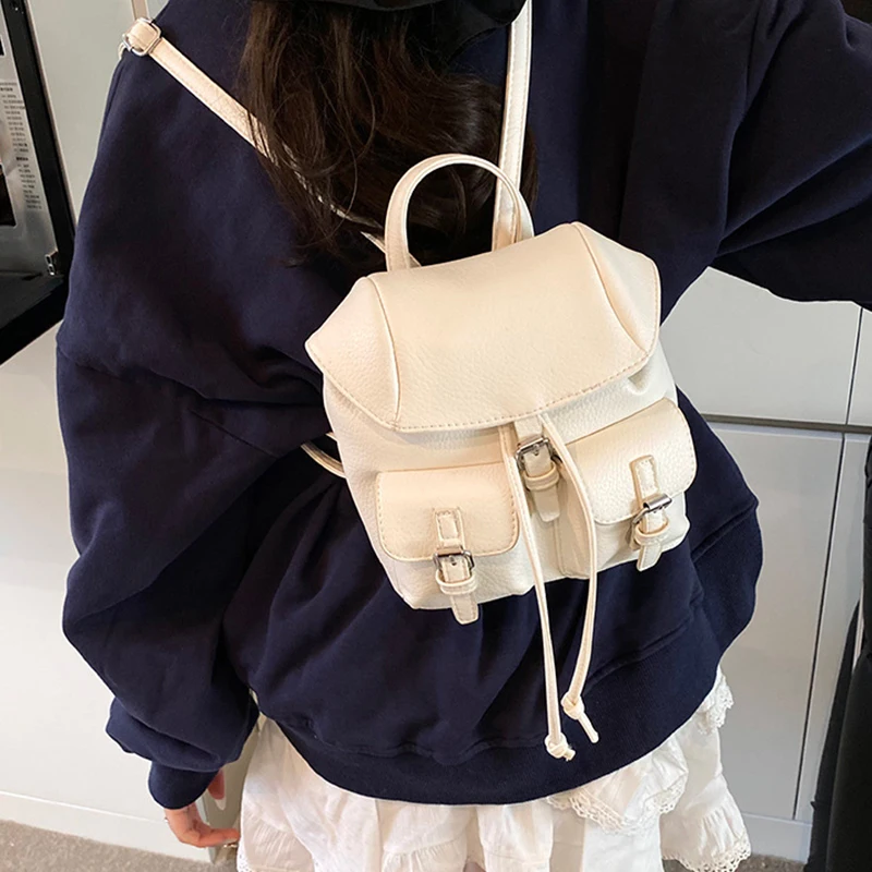 

Soft Leather Double Pocket Brand Backpack Luxury Korean Retro Drawstring Fashion Casual Trendy Versatile Small Shoulder Handbag