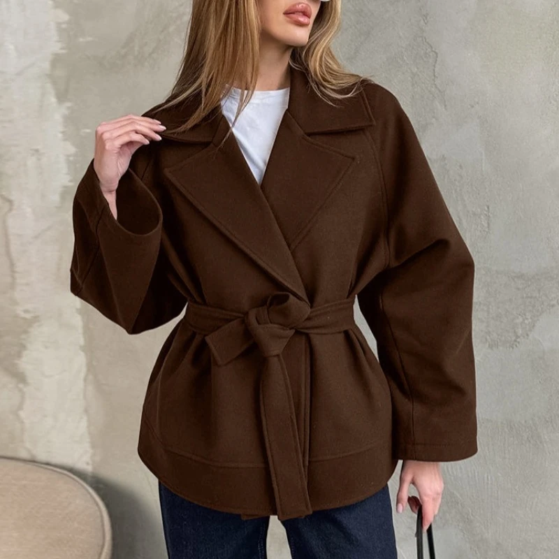 Fall Winter Woolen Coat Women's Elegant Loose Suit Collar Tie Joker Long-sleeved Woolen Coat Women's Clothes