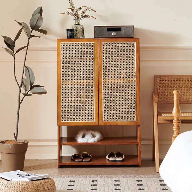 

New Chinese-style solid wood shoe cabinet household living room home rattan storage shoe rack entrance homestay shoe