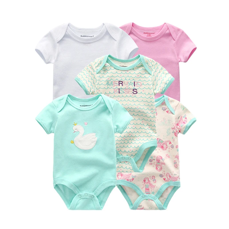 kiddiezoom 5Pcs 0-1Y Unisex Infant Short Sleeve Bodysuit, Multi Cartoon Floral Print Breathable Cotton Baby Daily Outfit