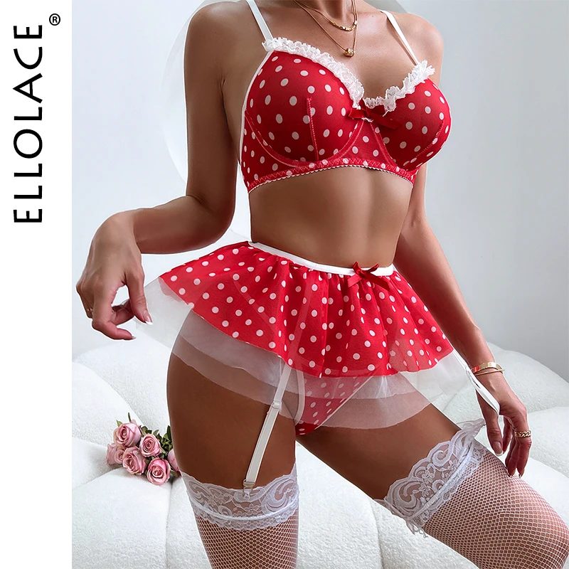 

Ellolace Polka Dot Ensemble Lingeries Femmes Sweet Girl Bowknot Lace Fancy Erotic Outfits Garter Stocking Push Up Bilizna Set