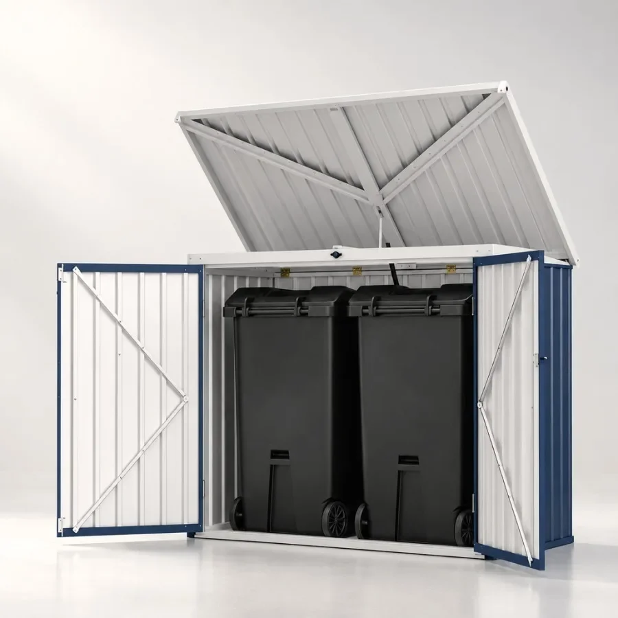 Outdoor garbage enclosure for bins and tools: heavy-duty metal, navy blue, weather-resistant, animal-proof, 5.8x3.3FT, front do