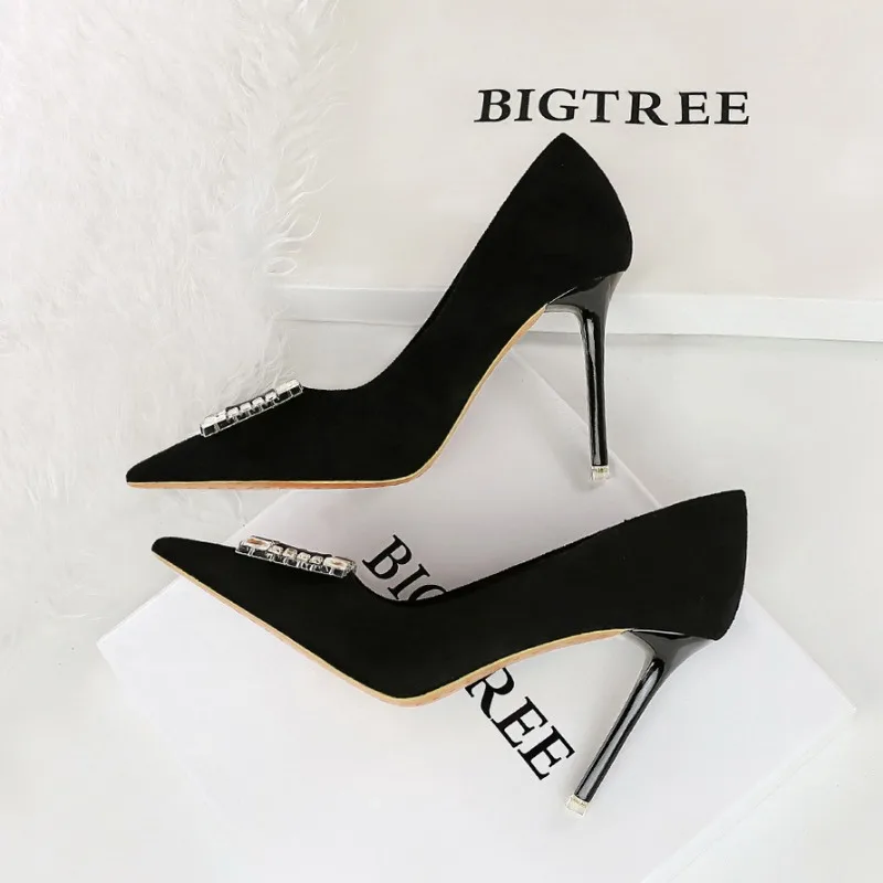 BIGTREE Women's Pumps Sexy Wedding Shoes Pointed Toe Rhinestone Flock 10.5CM Thin Heels Shallow Professional Office Women Shoes