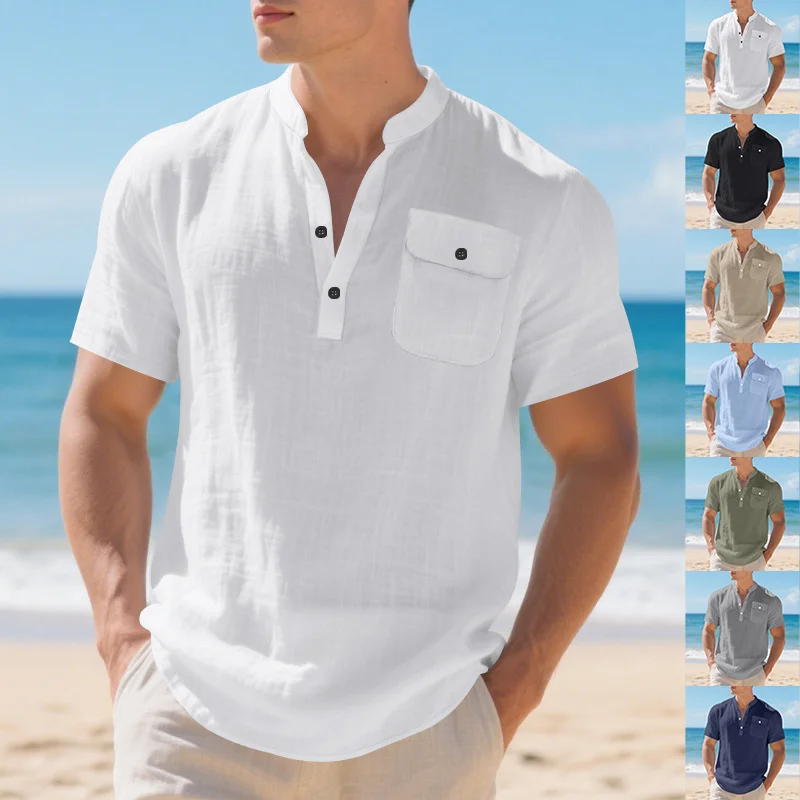 Summer Men's fitness training linen stand-up collar casual short-sleeved Men's pure color Loose breathable jogging t-shirt tops