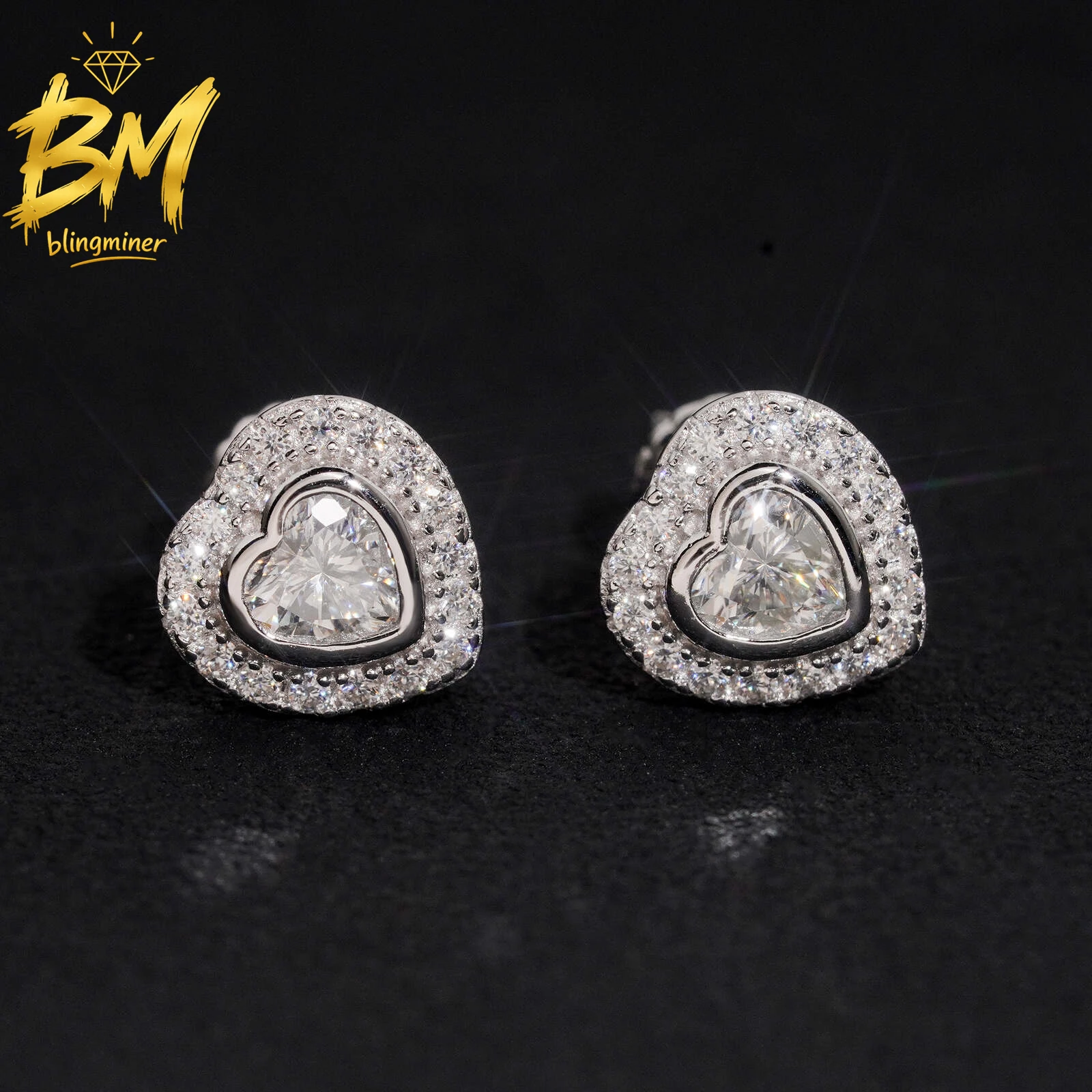 Blingminer 4mm Heart Shape VVS Moissanite Earrings For Men Women S925 Silver Ear Studs Jewelry Pass Diamonds Tester Free Shippin