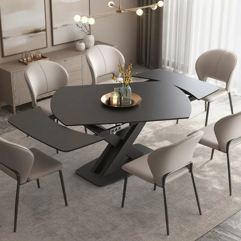 Luxury Rectangle Stainless Steel-Legged Extendable Dining Table with Nordic Design Apartment-Friendly