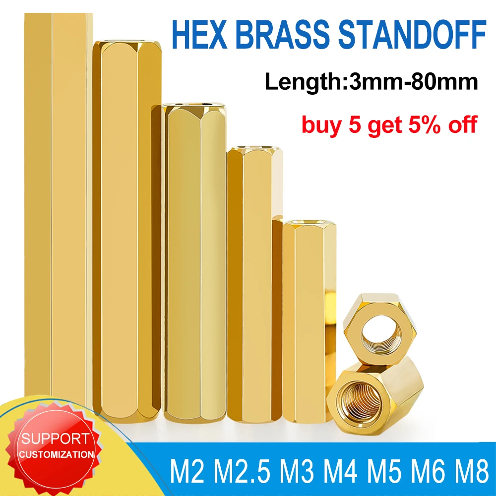 Distanziatore esagonale in ottone M2 M2.5 M3 M4 M5 M6 M8 Viti di spaziatura della scheda madre femmina Filettatura metrica Borad Rack Stud Distanziali bulloni Distanziatori