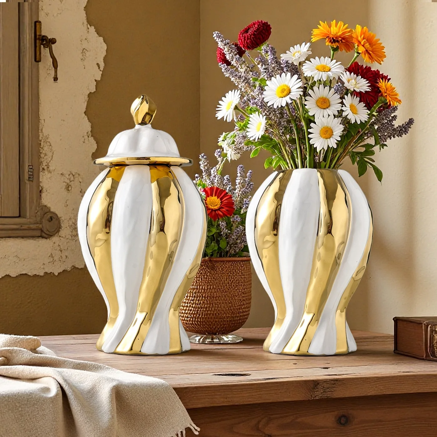 Platinum Striped Ginger Jar Flower Vase General's Jar Handmade Porcelain Flower Pot Retro Storage Tank Vases Home Decoration