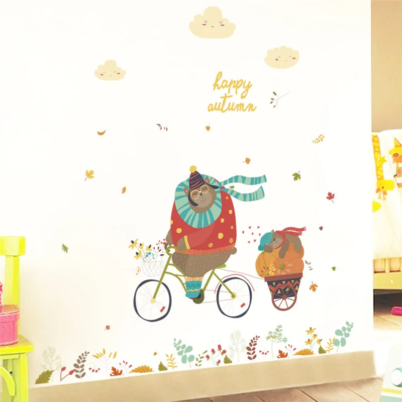 Lovely Animal Riding Bike Flowers Road Wall Stickers For Kids Room Home Decoration Diy Cartoon Wall Art Decal Pvc Poster