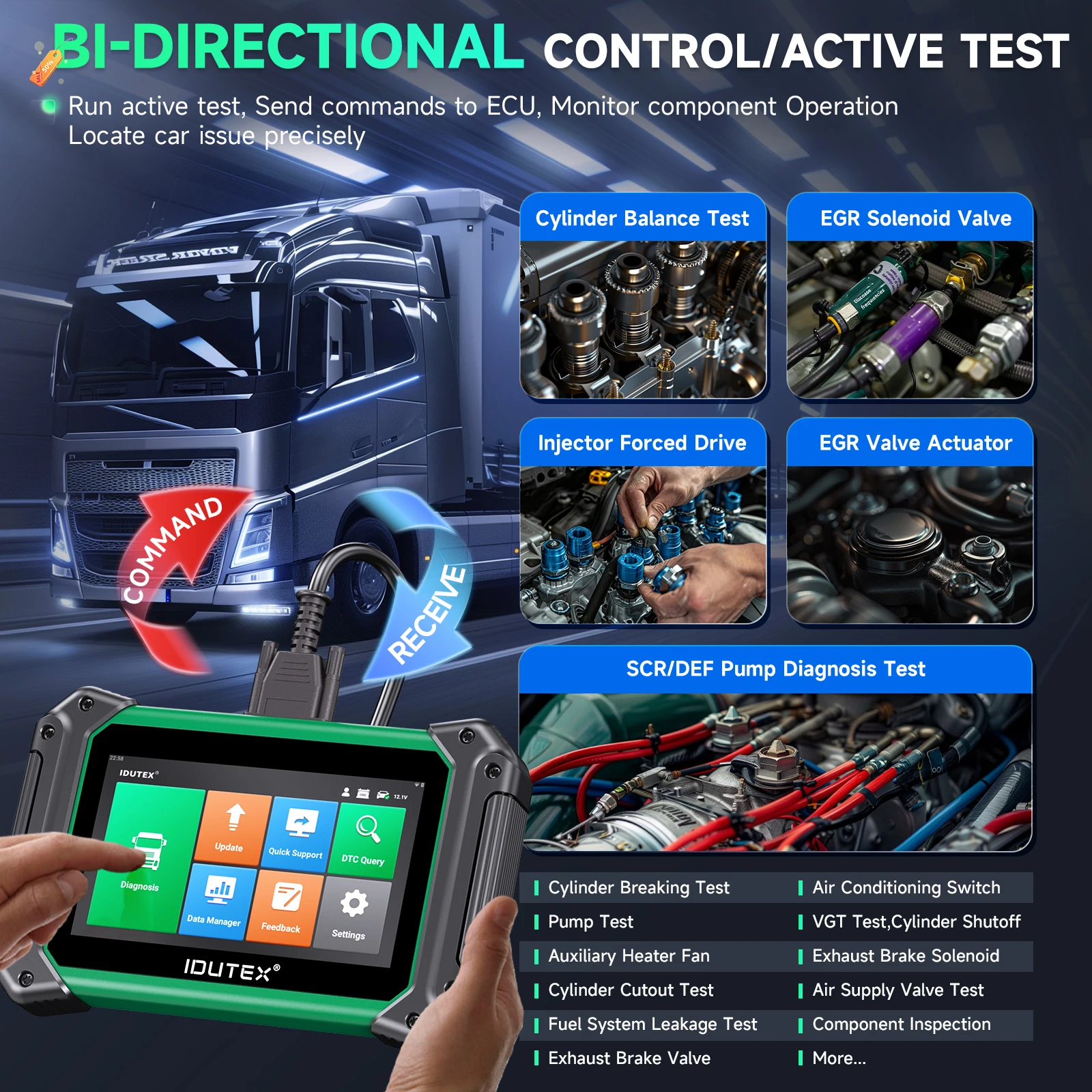 IDUTEX TS710 Schwerlast-LKW-Diagnosegerät, bidirektional, 42 Rückstellfunktionen, ECU‑Codierung, alle Systeme, Ölservice‑Reset, DPF‑Regeneration, OBD2‑Diesel‑LKW‑Diagnosewerkzeug – Detail 5