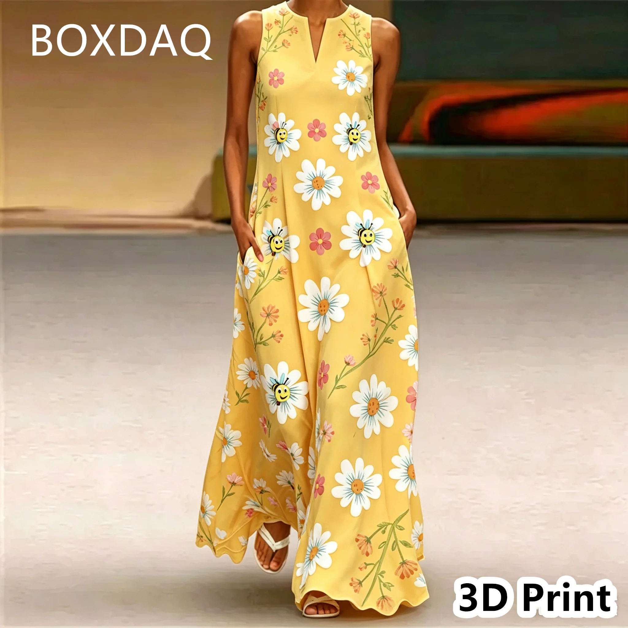 Fashion Sweet Butterfly Flower Women Long Dress Elegant Sleeveless V-neck Print Vest Dress Spring Summer Casual Loose Beach Dres