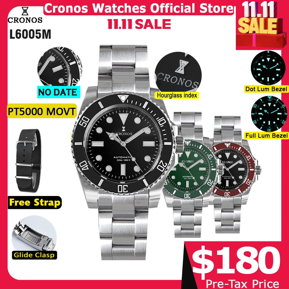 Cronos Sub Diver Men Watch No Date PT5000 Brushed Bracelet Ceramic Bezel 200 meters Water Resistant Glideclasp
