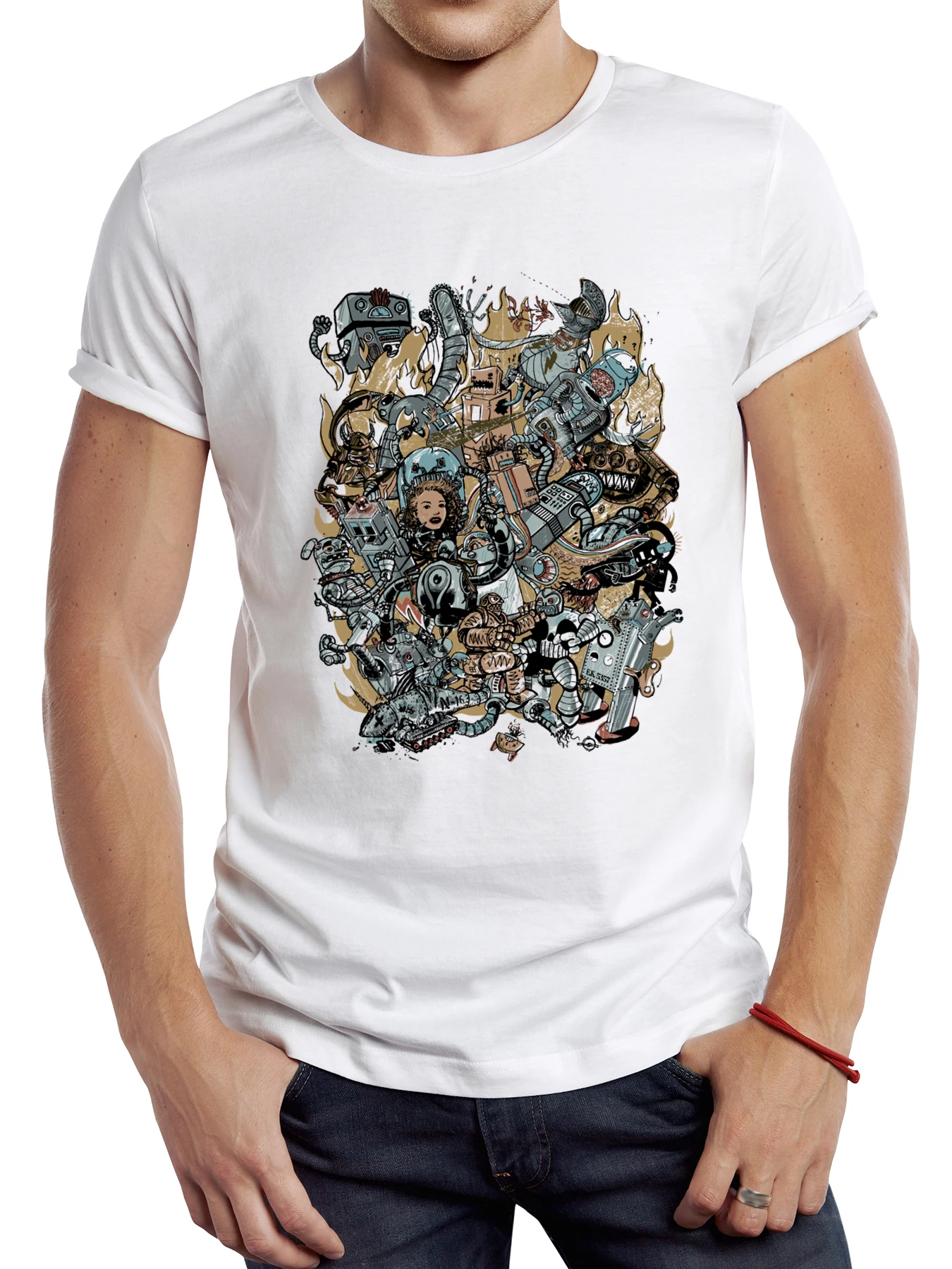 

FPACE Retro Robot Attacking Printed TShirt Graphic Casual Man T Shirt Streetwear Hipster Hip Hop Loose Women Tees