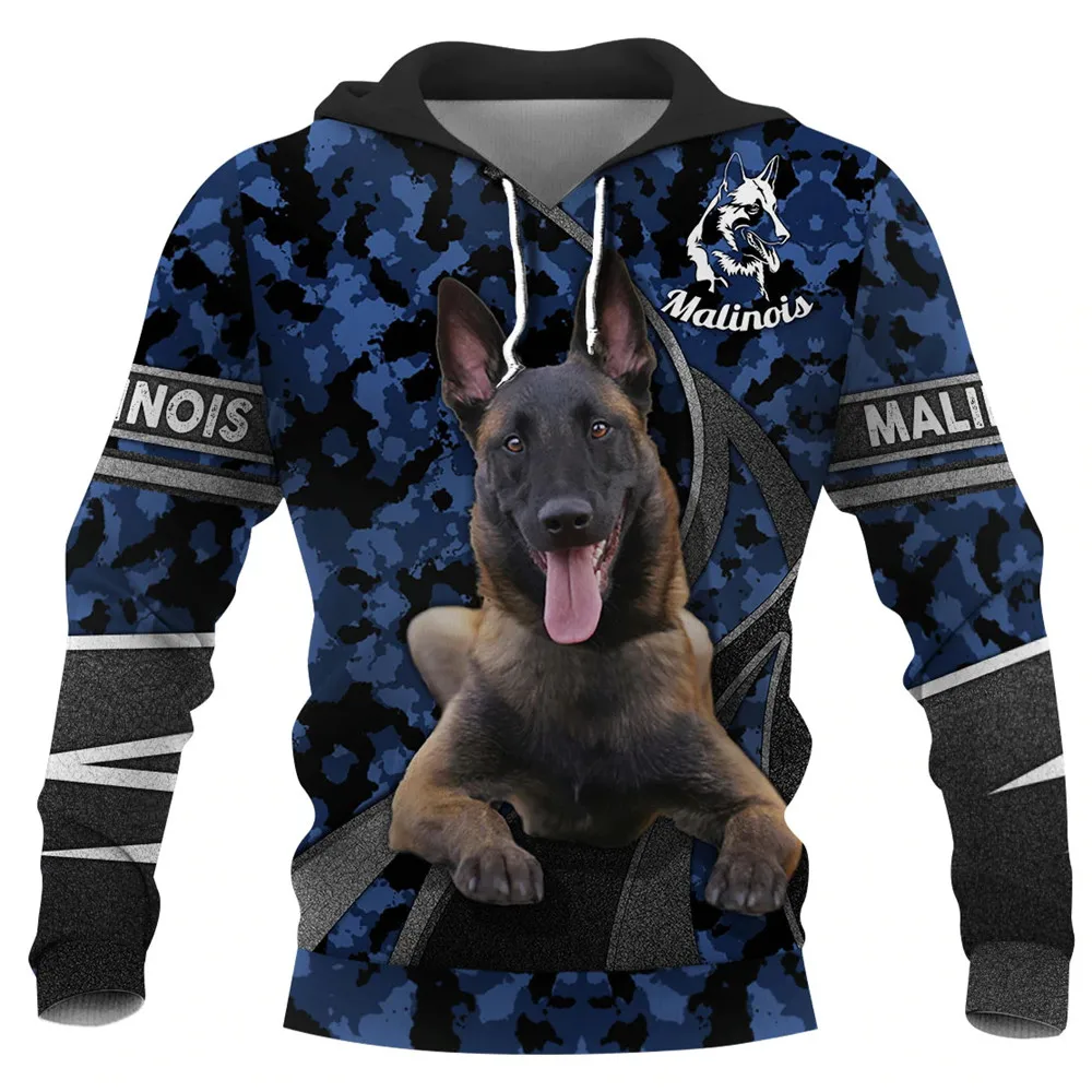 HX Fashion Animals Hoodies 3D Graphic Silver Ribbon Hoodies Animals Dog Belgian Malinois Sweatshirts Casual Sportswear