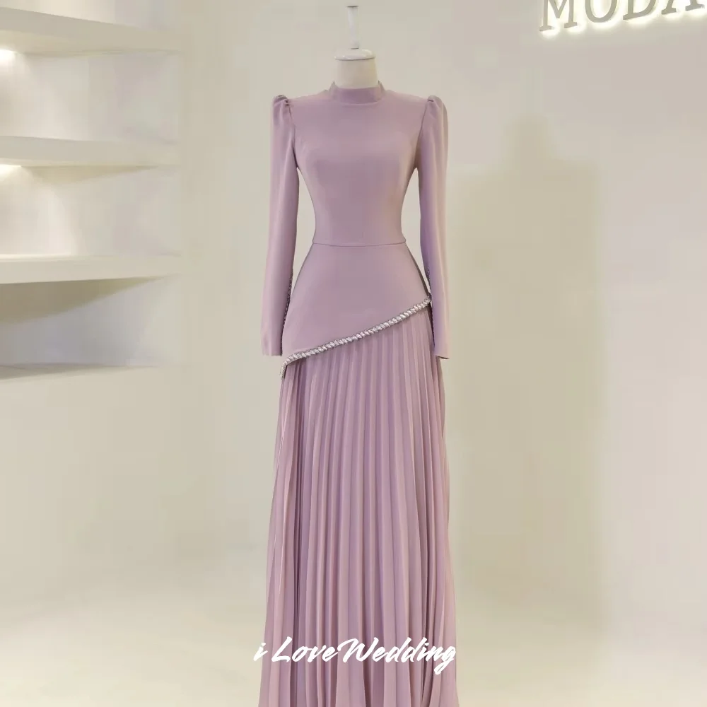

Purple O-Neck Evening Dress 2025 Satin Long Sleeve Beaded A-Line Pleated Floor-Length Prom Dress Wedding Party Dress Customized