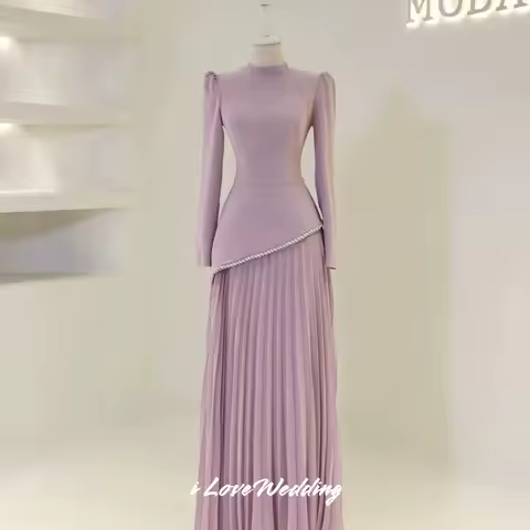 Purple O-Neck Evening Dress 2025 Satin Long Sleeve Beaded A-Line Pleated Floor-Length Prom Dress Wedding Party Dress Customized