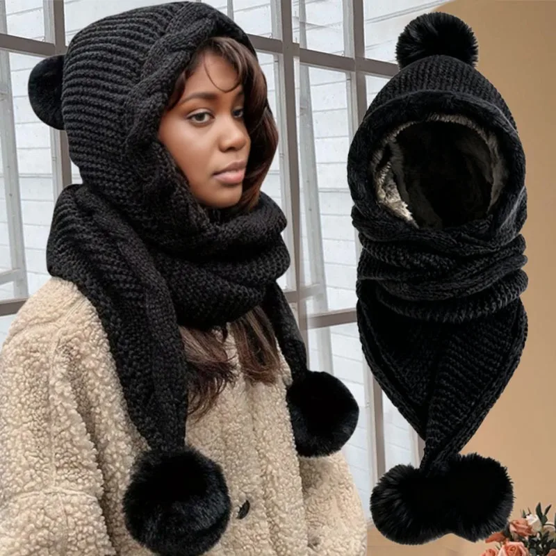 

Зимний вязаный универсальный шарф, интегрированная шапка, плюшевая мягкая шапка-балаклава, защита ушей, ветрозащитный унисекс, повседневный ветрозащитный аксессуар
