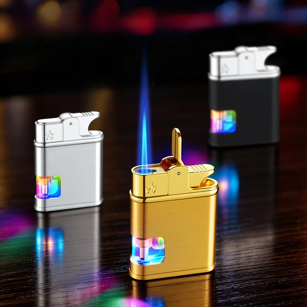 New Creative Color Transparent Chamber Lighter Metal Windproof Straight Flame Circular Inflatable Igniter Holiday Gift