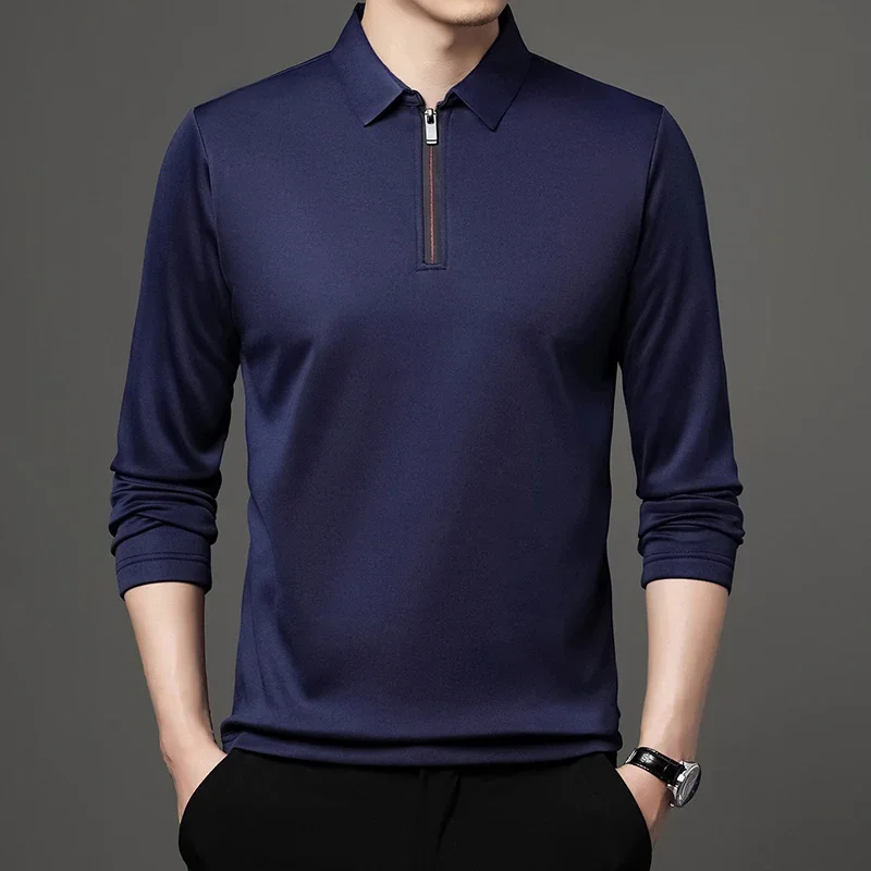 Solid Color Long Sleeve Polo Shirt Fashion Zipper Men\'s Polo Neck Top Cotton Polo Collar Long Sleeve T-shirt