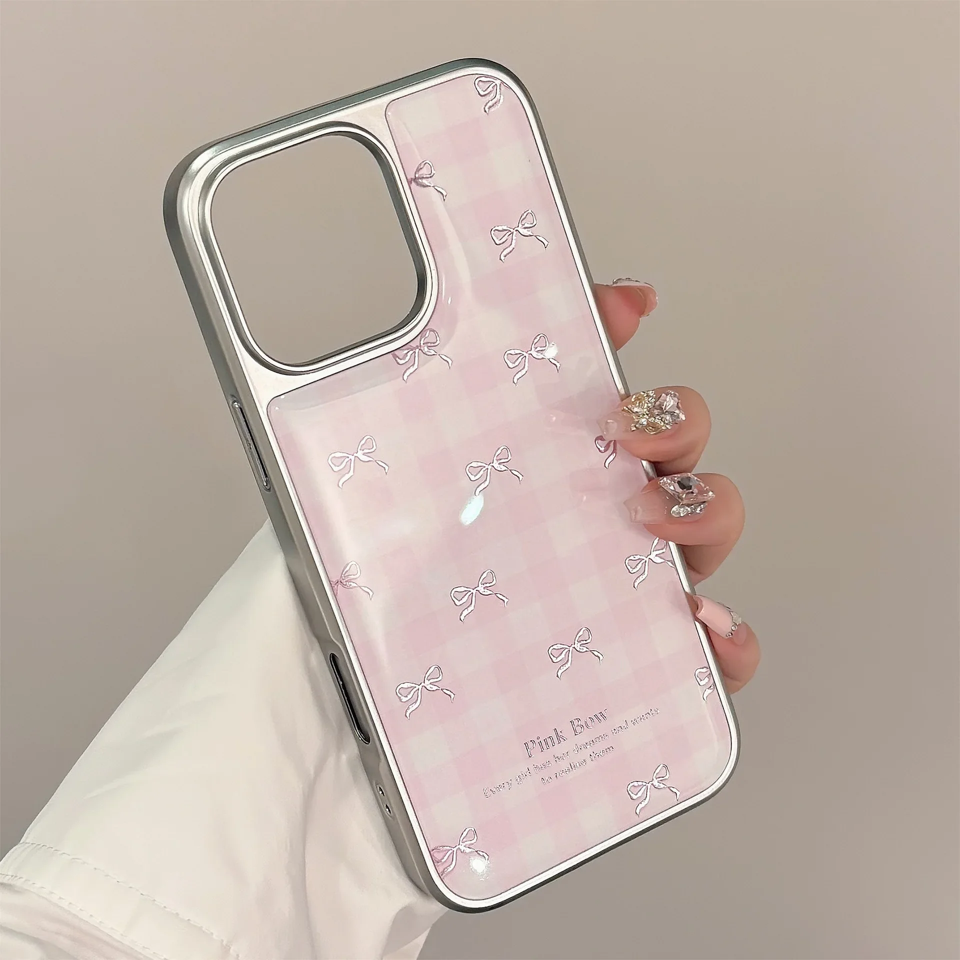 Koreanische Schleifenknoten Rosa Gittermuster Silberrand Beschichtete Handyhülle für iPhone 17 Air 16 15 14 13 12 Pro Max Stoßfeste Hartschale