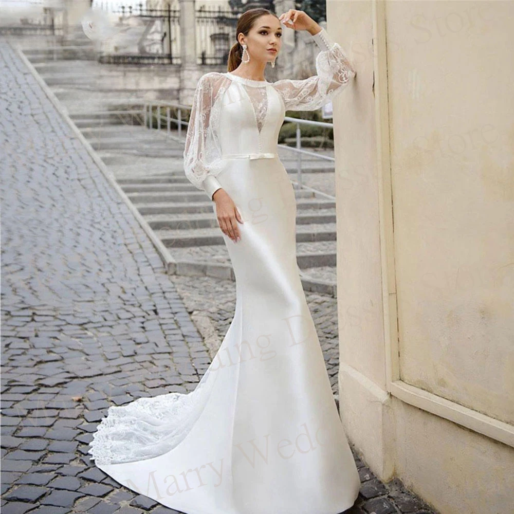 

Simple Gorgeous Mermaid Modern Wedding Dresses Long Puff Sleeve Satin Bride Gowns Elegant O-Neck Sexy Lace Train Formal Party