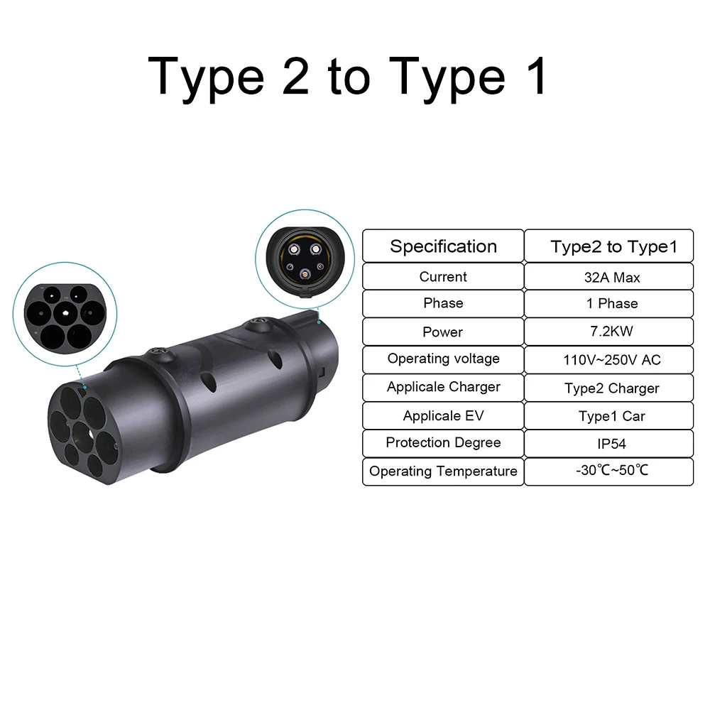 EV Adapter IEC 62196 Type 2 to Type 1 J1772 32A EVSE Charger Connector Electric Vehicle Cars Charging Converters