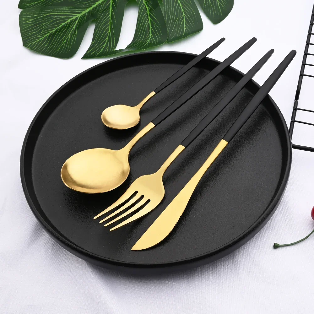 20/32/40Pcs Stainless Steel Dinner Black Gold Matte Dinnerware Set Knife Fork Spoon Cutlery Set Kitchen Tableware Flatware Set