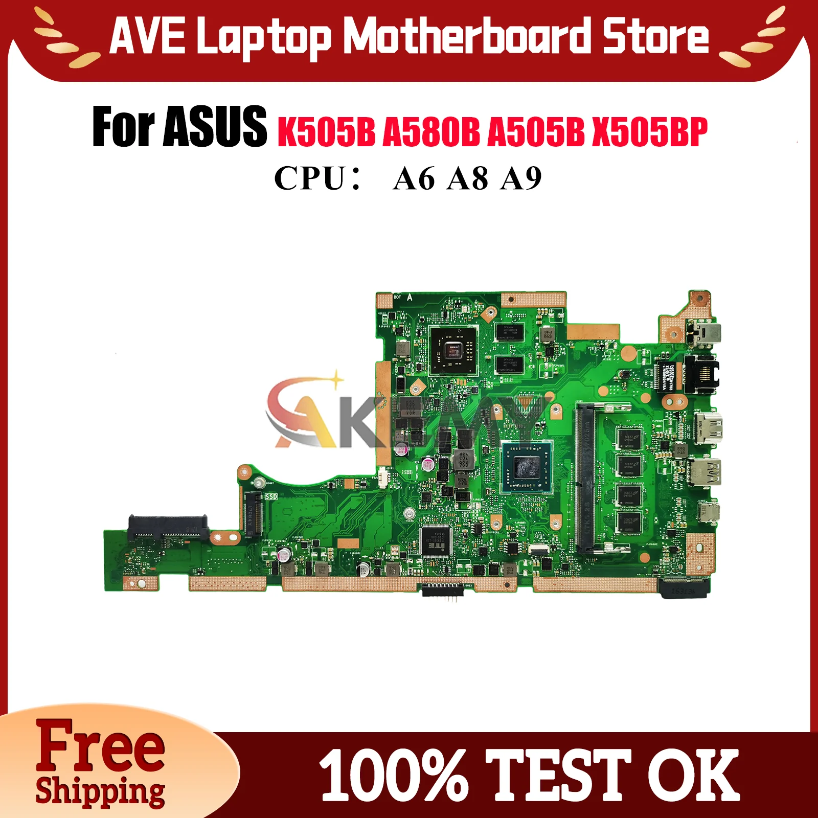 

X505BP Laptop Motherboard For ASUS VivoBook A505B K505B V505B A580B X505BP X505B Mainboard With A6 A8 A9 CPU 100% tests OK stk