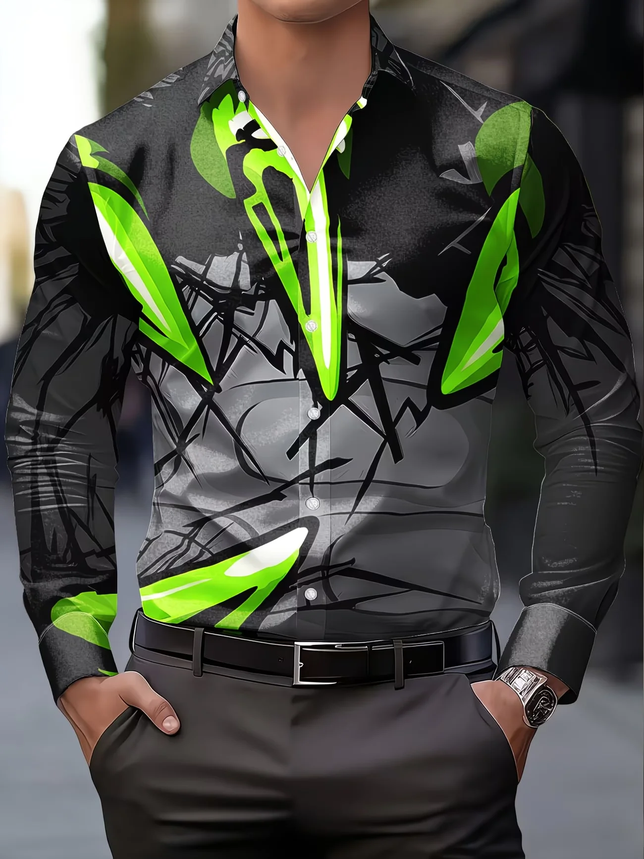 New Flame Gradient Fluid Art Printed Men's Long Sleeved Shirt  Personalized Slim Fit Casual Flower Shirt