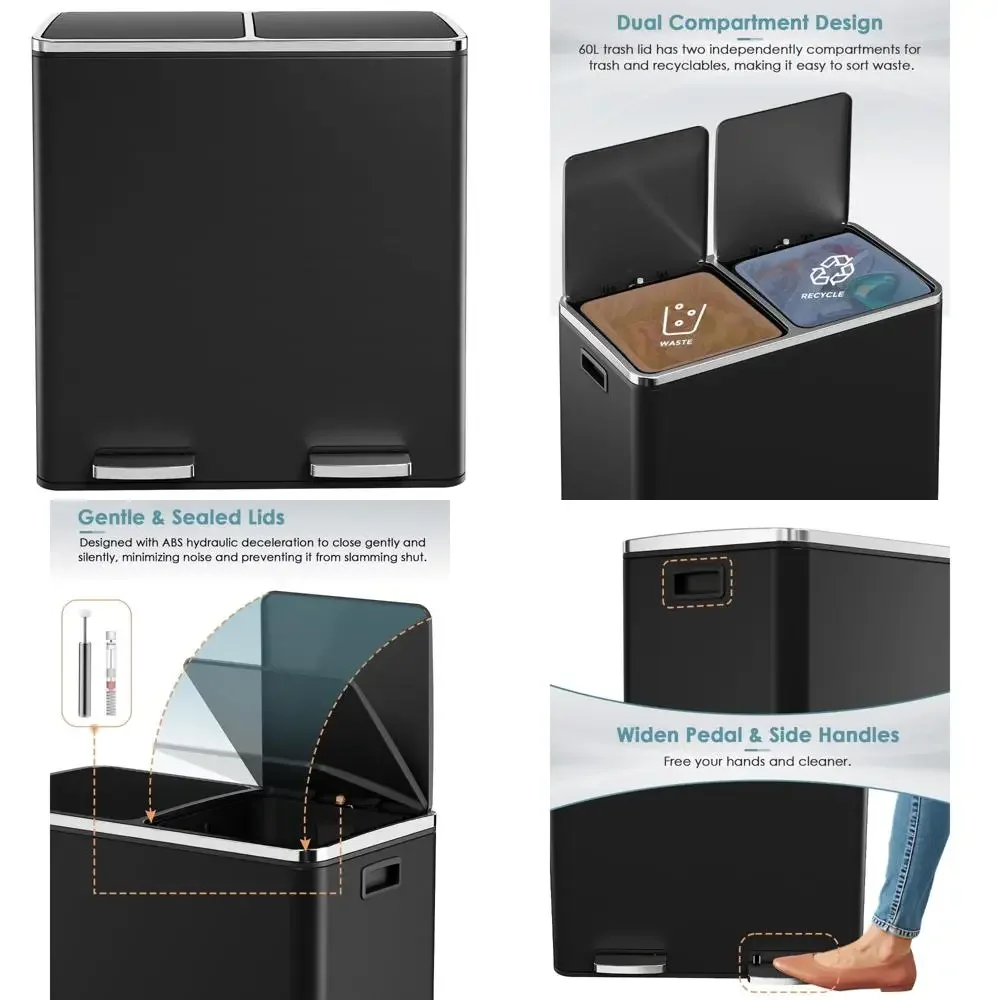 

Stainless Steel Dual Compartment Kitchen Trash Can - 60L Capacity for and Recycling Dustbin